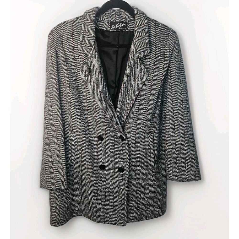 Vtg 80s Herringbone Double Breasted Tweed Over Coat Miss New Yorker Size Large